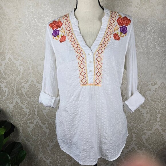 Style & Co Size Small White Cotton Tunic Embroidered Floral Roll Tab Sleeves - Picture 1 of 12
